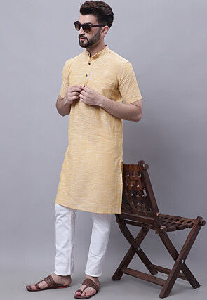 Solid Color Pure Cotton Slub Kurta in Light Yellow