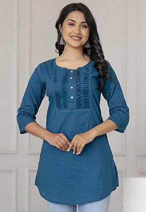Solid Color Pure Cotton Straight Kurti in Teal Blue