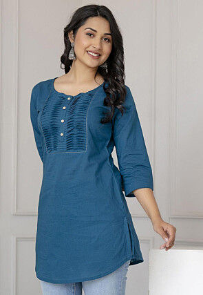 Solid Color Pure Cotton Straight Kurti in Teal Blue