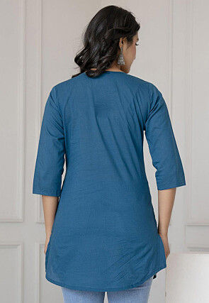 Solid Color Pure Cotton Straight Kurti in Teal Blue