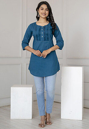 Solid Color Pure Cotton Straight Kurti in Teal Blue