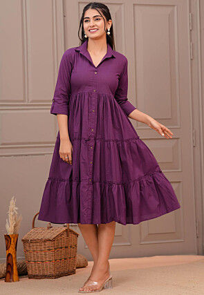 Solid Color Pure Cotton Tiered Dress in Dark Purple