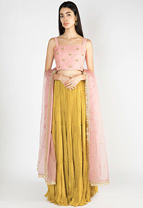 Solid Color Pure Georgette Tiered Lehenga in Mustard