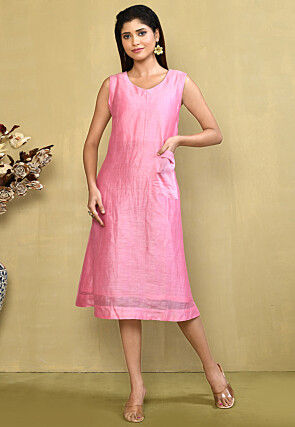 Solid Color Pure Linen Aline Dress in Pink