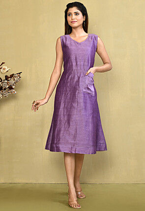 Solid Color Pure Linen Aline Dress in Purple