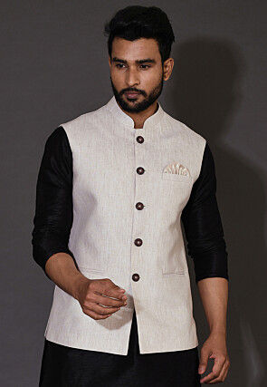 Solid Color Pure Linen Nehru Jacket in Off White