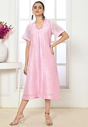 Solid Color Pure Linen silk Aline Dress in Baby pink