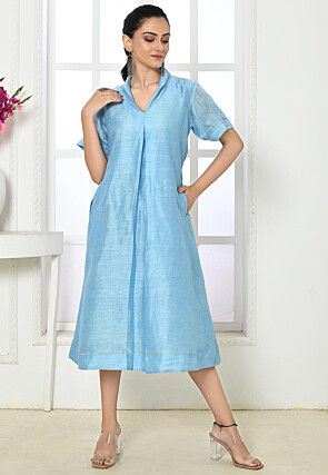 Solid Color Pure Linen Silk Aline Dress in Sky Blue