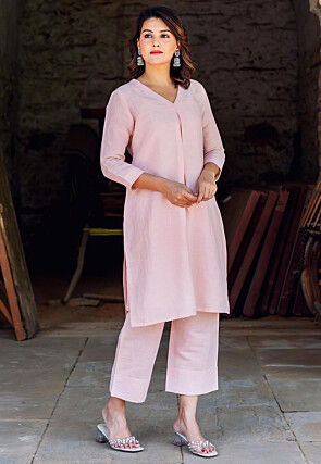 Solid Color Pure Linen Straight Kurta Set in Baby Pink