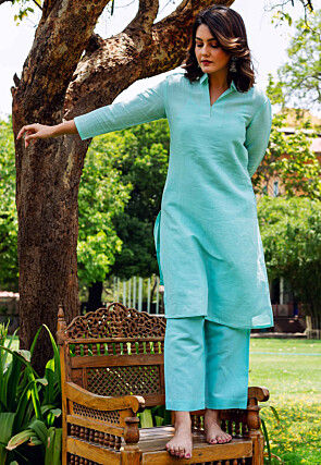 Solid Color Pure Linen Straight Kurta Set in Blue