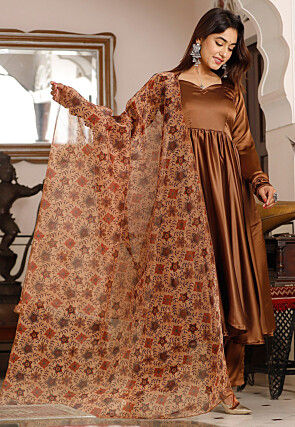 Solid Color Pure Silk Aline Suit in Brown