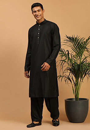 Solid Color Pure Viscose Kurta Set in Black