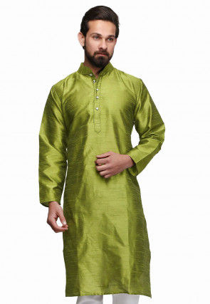 Solid Color Raw Silk Kurta in Olive Green