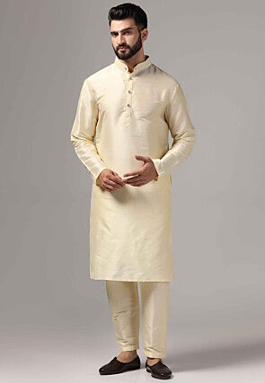 Solid Color Raw Silk Kurta Set in Cream