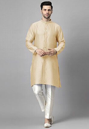 Solid Color Raw Silk Kurta Set in Light Beige