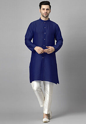 Solid Color Raw Silk Kurta Set in Royal Blue