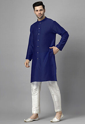 Solid Color Raw Silk Kurta Set in Royal Blue