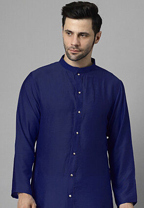 Solid Color Raw Silk Kurta Set in Royal Blue