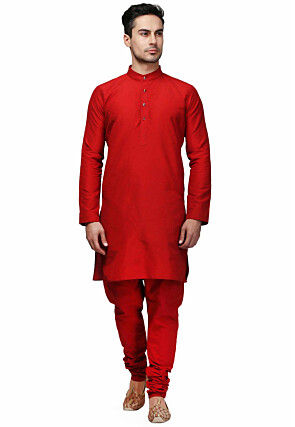 Solid Color Raw Silk Kurta Set in Red