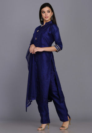 Solid Color Raw Silk Pakistani Suit in Dark Blue