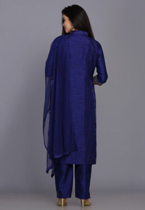 Solid Color Raw Silk Pakistani Suit in Dark Blue