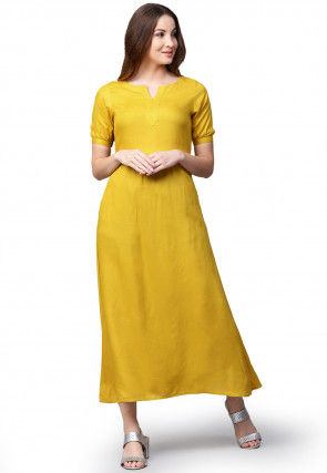 Solid Color Rayon A Line Kurta in Mustard