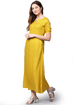 Solid Color Rayon A Line Kurta in Mustard