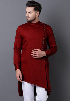 Solid Color Rayon Asymmetric Pleated Kurta in Red