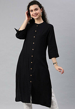 Solid Color Rayon Button Down Kurta in Black