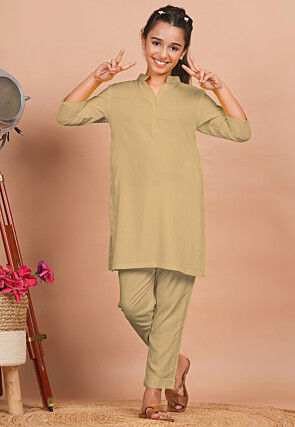 Solid Color Rayon Co Ord Set in Beige