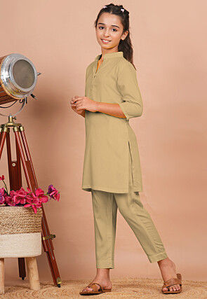 Solid Color Rayon Co Ord Set in Beige