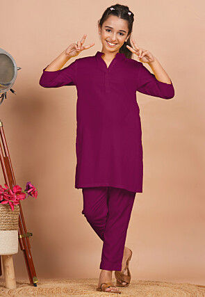 Solid Color Rayon Co Ord Set in Dark Magenta