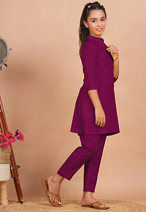 Solid Color Rayon Co Ord Set in Dark Magenta