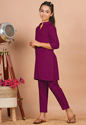 Solid Color Rayon Co Ord Set in Dark Magenta