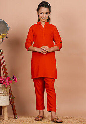 Solid Color Rayon Co Ord Set in Dark Orange