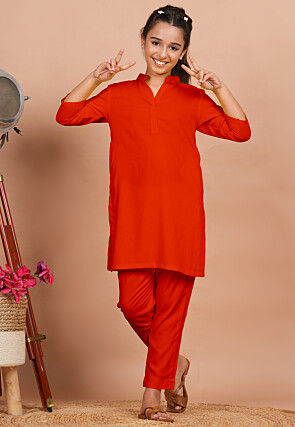 Solid Color Rayon Co Ord Set in Dark Orange