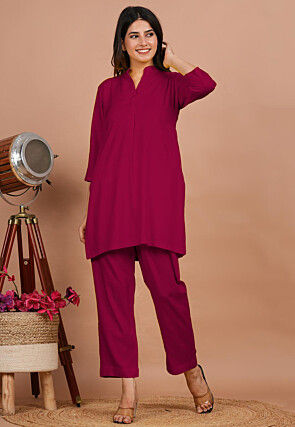 Solid Color Rayon Co Ord Set in Fuchsia