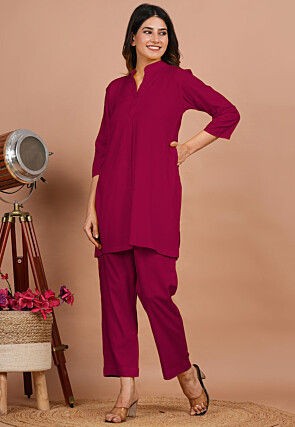 Solid Color Rayon Co Ord Set in Fuchsia