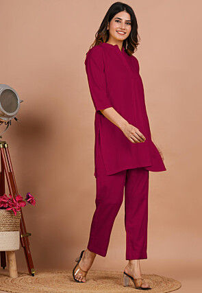 Solid Color Rayon Co Ord Set in Fuchsia
