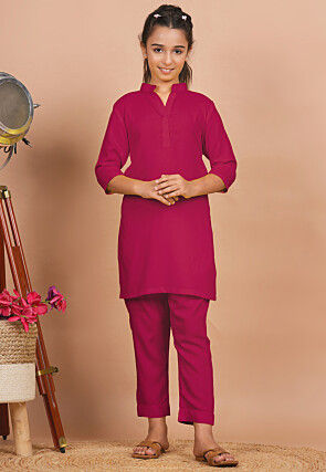 Solid Color Rayon Co Ord Set in Fuchsia