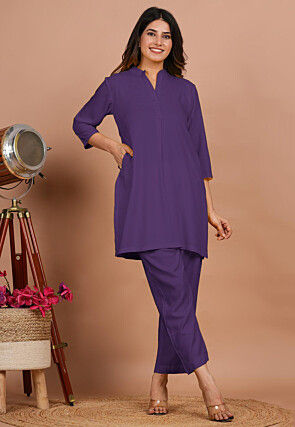 Solid Color Rayon Co Ord Set in Light Purple