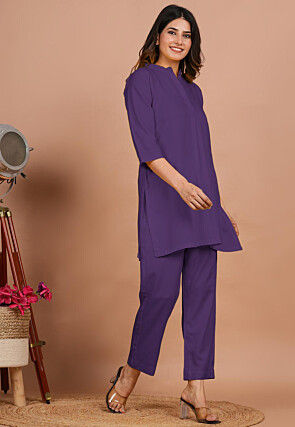 Solid Color Rayon Co Ord Set in Light Purple