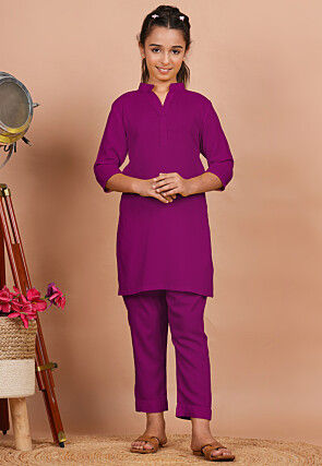 Solid Color Rayon Co Ord Set in Magenta