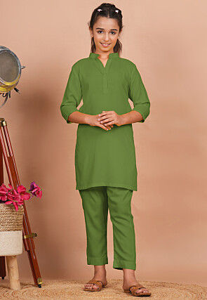 Solid Color Rayon Co Ord Set in Olive Green