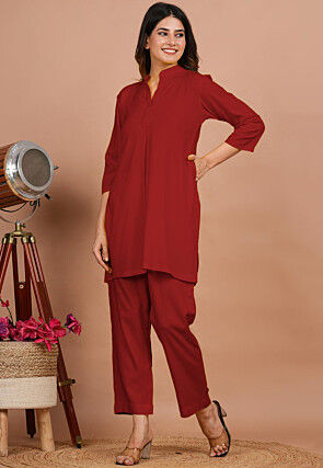 Solid Color Rayon Co Ord Set in Red