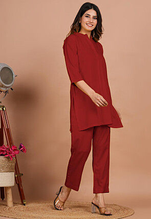 Solid Color Rayon Co Ord Set in Red