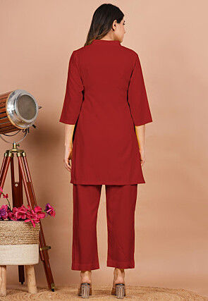 Solid Color Rayon Co Ord Set in Red