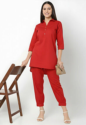 Solid Color Rayon Co Ord Set in Red