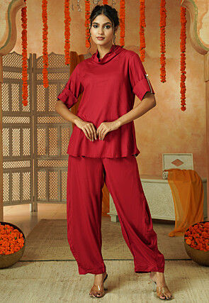 Solid Color Rayon Co Ord Set in Red