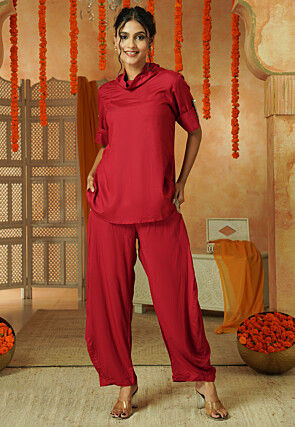 Solid Color Rayon Co Ord Set in Red